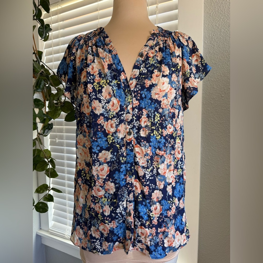 Rebecca‎ Taylor Silk Floral Blouse Size 6 EUC Short Flutter Sleeves
